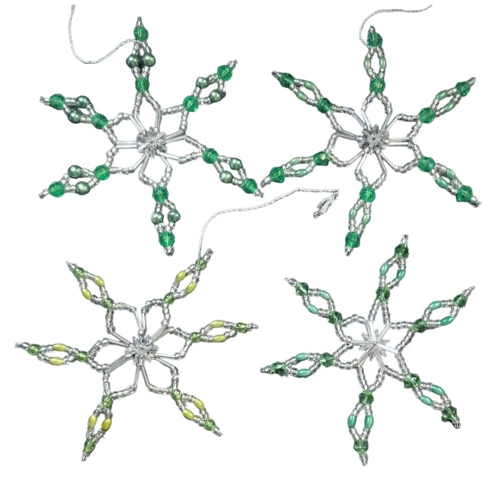4 Vintage Beaded Snowflakes Christmas Ornaments Handmade Shades of Green
